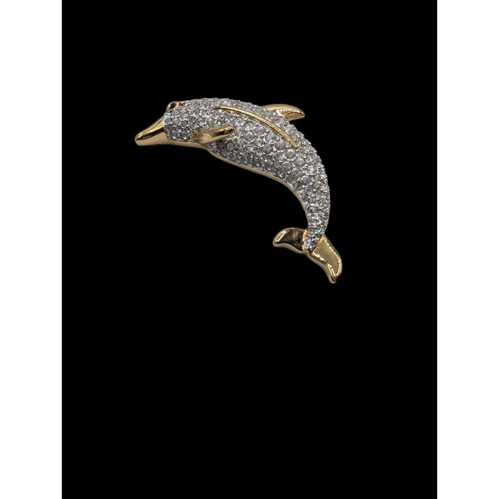 Swarovski Gold Tone Clear Crystals Gemstone Decorated Dolphin Brooch Pin - Picture 3 of 9